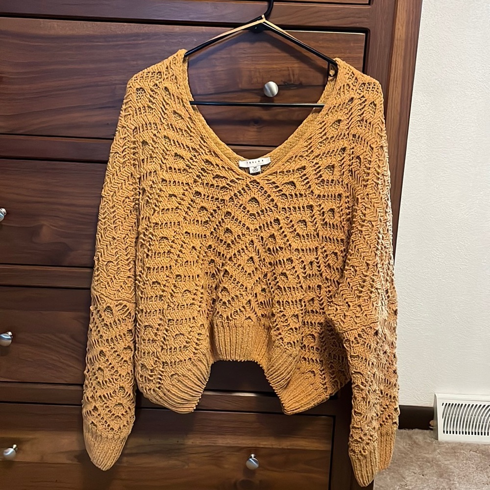 FAVLUX WOMENS KNITTED CROPPED MUSTARD YELLOW SWEATER